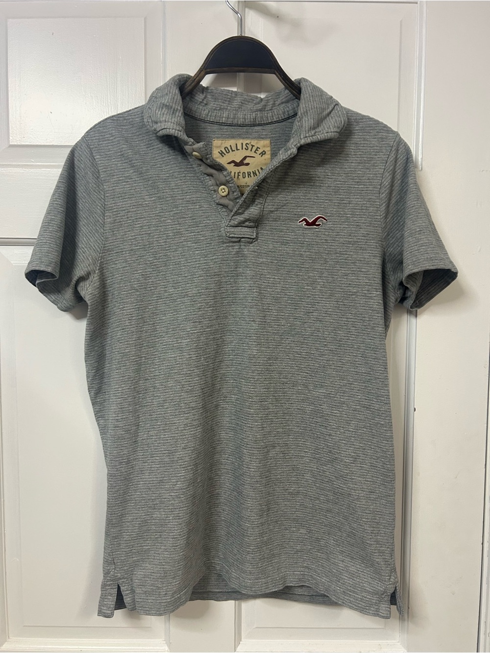 Hollister Heather Gray Striped Polo with Red Logo